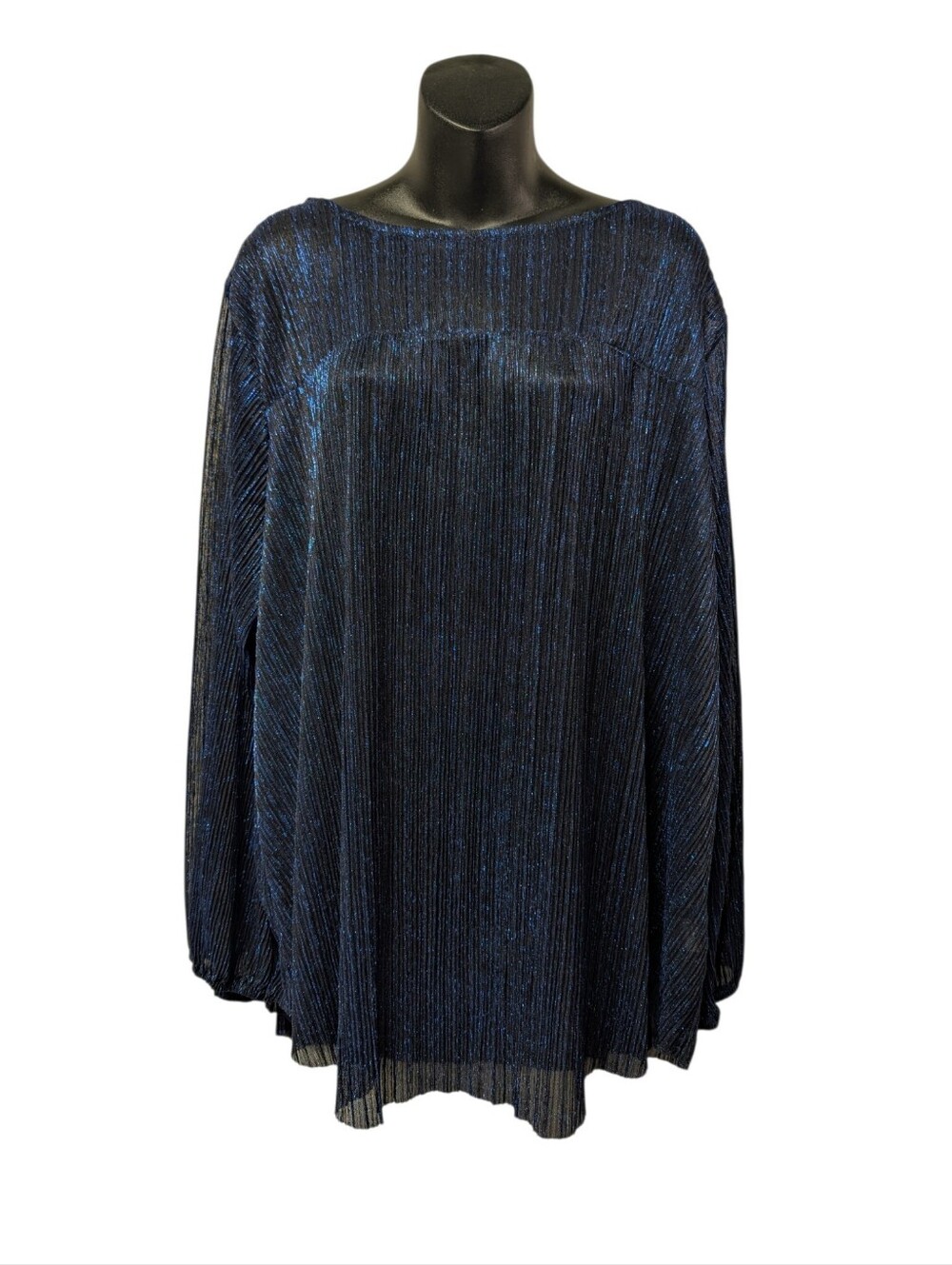 Roaman's Blue Black Metallic Pleated Sheer Long Sleeve Round Neck Blouse Size 20